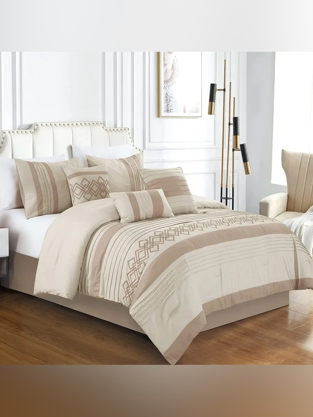 Luxury Cream and Taupe Geometric king 3 piece Comforter Set